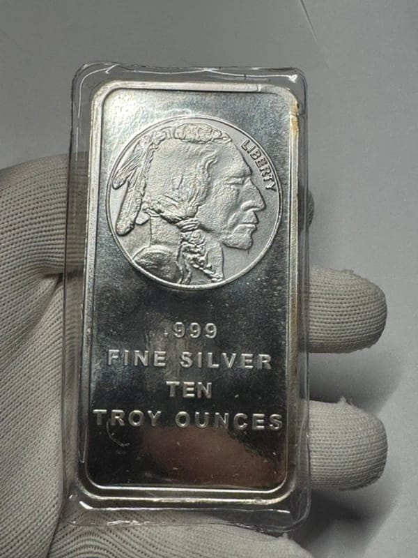 10 oz .999 Fine Silver Buffalo Bar in package - Image 1