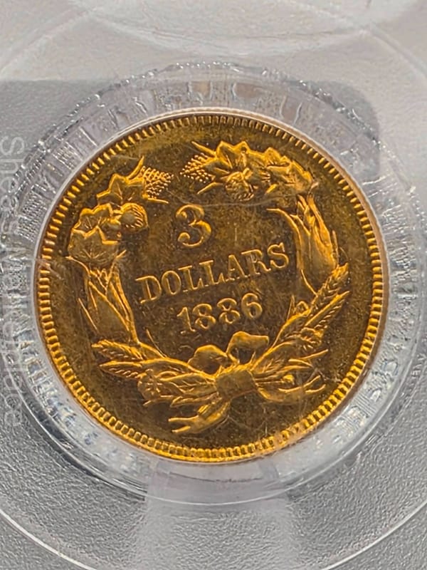 1886 $3 Gold Indian Princess Head Coin PCGS AU58 Three Dollar Gold Piece - Image 3