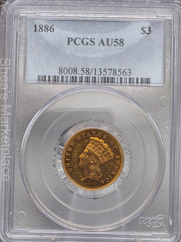 1886 $3 Gold Indian Princess Head Coin PCGS AU58 Three Dollar Gold Piece - Image 1