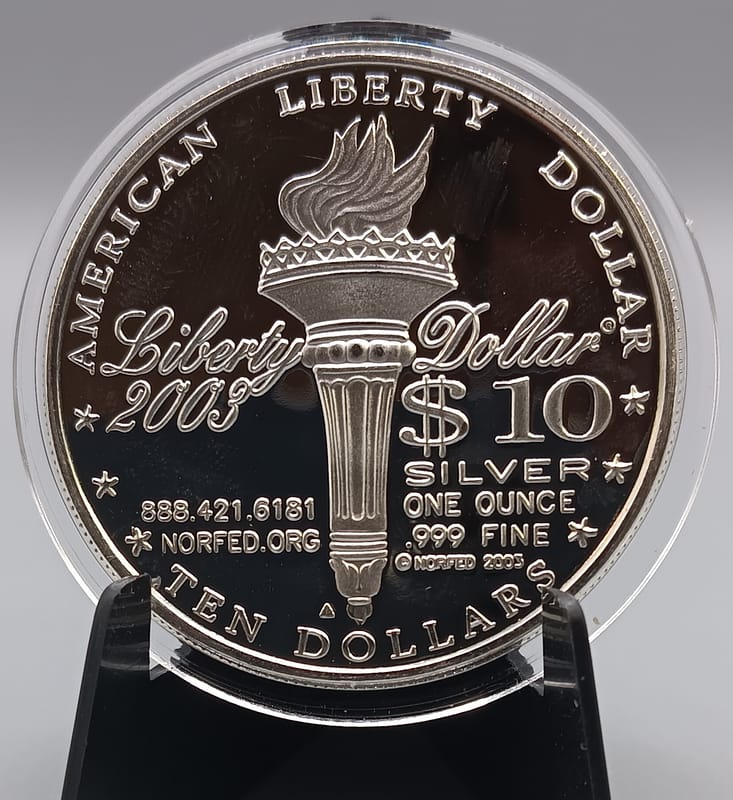 2003 NORFED $10 Liberty  1 oz .999 Fine Silver - Image 2