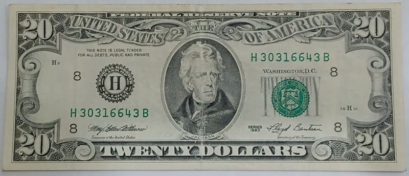 1993 US $20 Twenty Dollar Bill Jackson Currency - Image 1