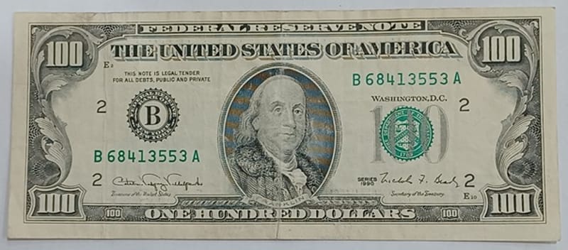 1990 US $100 One Hundred Dollar Bill Franklin B-A - Image 1