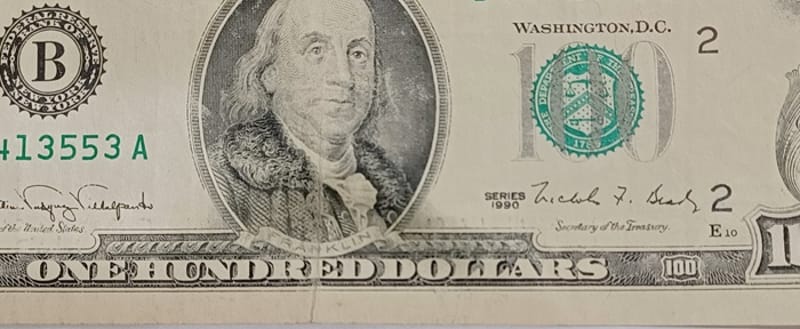 1990 US $100 One Hundred Dollar Bill Franklin B-A - Image 5