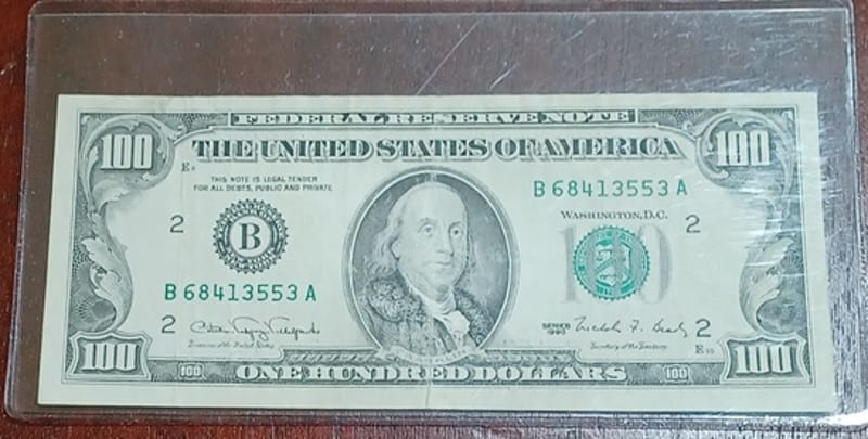 1990 US $100 One Hundred Dollar Bill Franklin B-A - Image 3