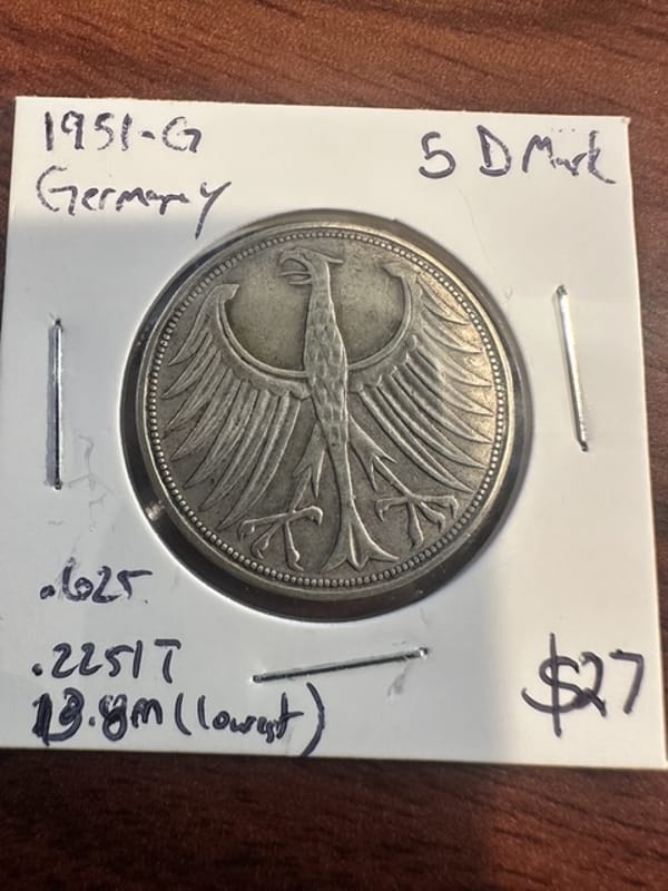 1951-G Germany 5 Deutsch Marks .625 - Image 1