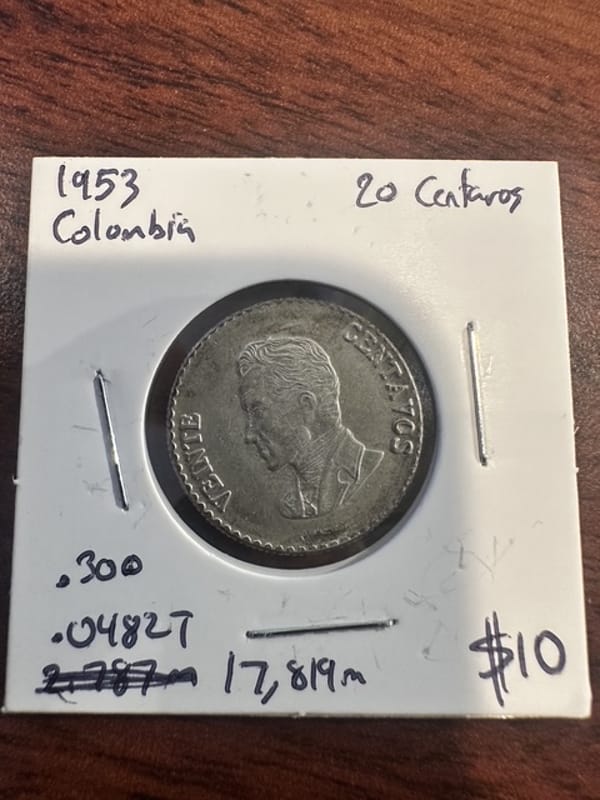 1953 Colombia 20 Centavos 30% Silver - Image 1