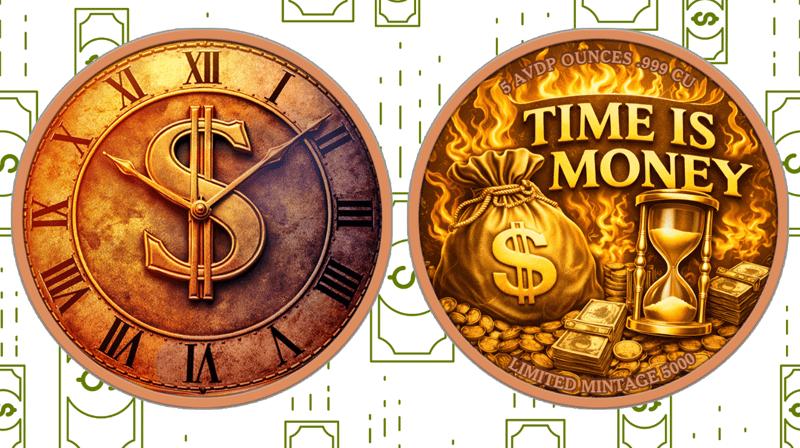 NEW Time is Money Colorized 5 oz Copper Medal in Caps - Image 3