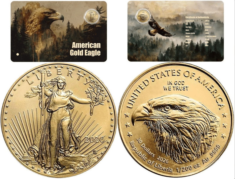 AMERICAN GOLD EAGLE 1/200 Oz Gold Coin 30$ Liberia - Image 1