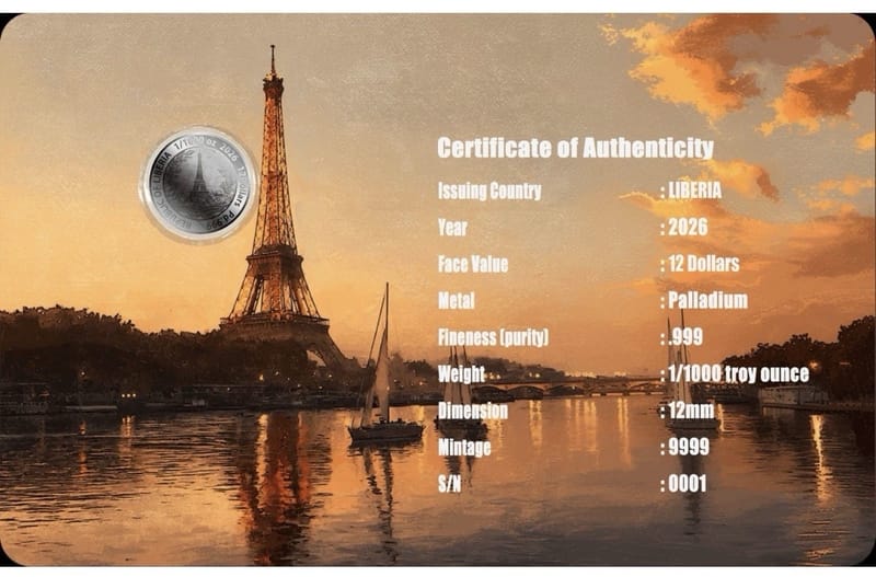 Palladium Eiffel Tower 2026 Liberia 1/1000oz - Image 2