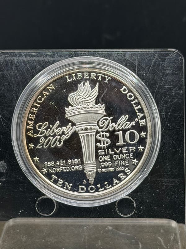2003 $10 NORFED Liberty Dollar 1oz Silver A19 - Image 2