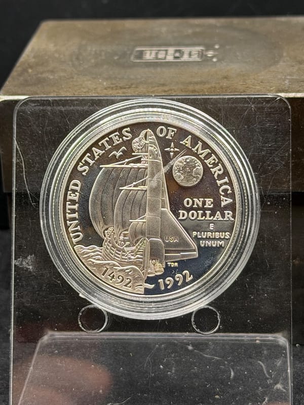 1992 Columbus  Silver Dollar 0.76 oz under melt - Image 1