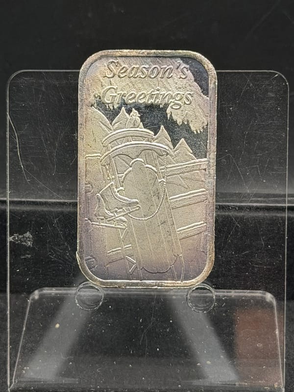 Near Spot Silver: Seasons Greetings ~ Christmas Silver Bar 1oz 999 - Image 1