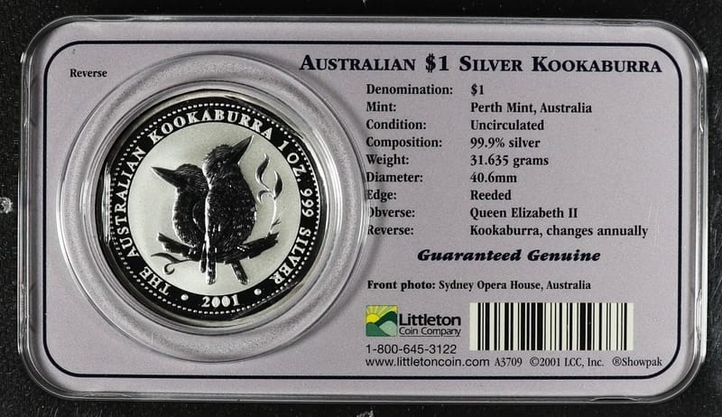 2001 Australian Silver Kookaburra 1 oz Littleton  - Image 3