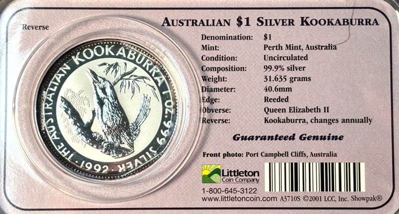 1992 Australian Silver Kookaburra 1 oz Littleton  - Image 3