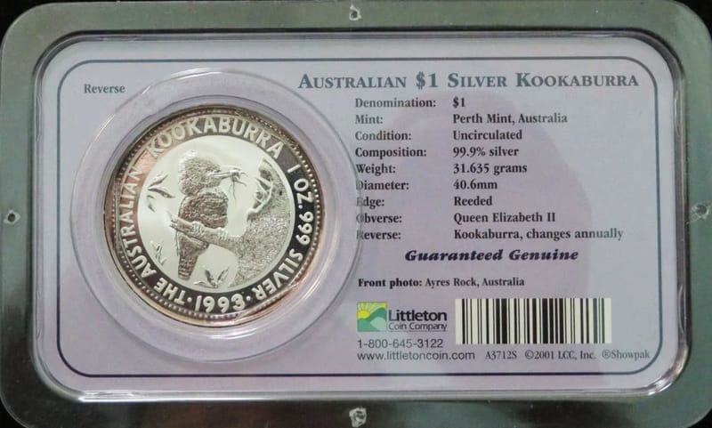 1993 Australian Silver Kookaburra 1 oz Littleton  - Image 1