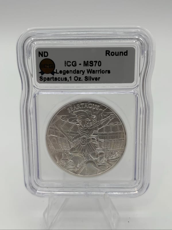 1oz .999 Ag Legendary Warriors Spartacus ICG MS70 - Image 1