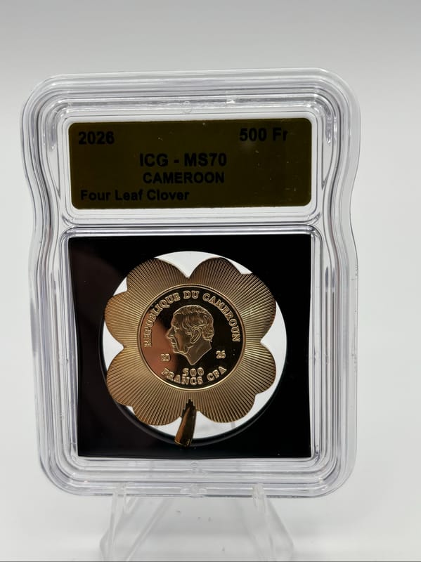 Gold PLATED 2026 Cameroon 500Fr Clover ICG MS70 - Image 1
