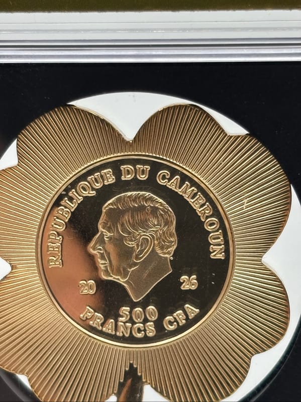 Gold PLATED 2026 Cameroon 500Fr Clover ICG MS70 - Image 2