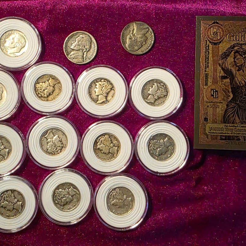 LOT:13 90%SILVER DIMES,2 WAR NICKELS,1/4 GOLDBACK
