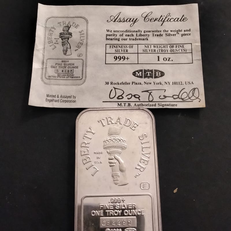 Vintage Engelhard MTB Liberty Trade Silver 1oz Bar